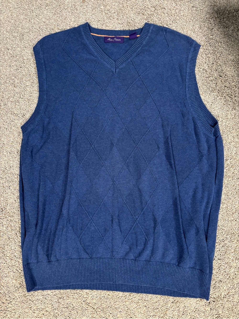 Alan Flusser Men's XL Blue 100% Cotton V-Neck Vest Sweater Argyle Lightweight